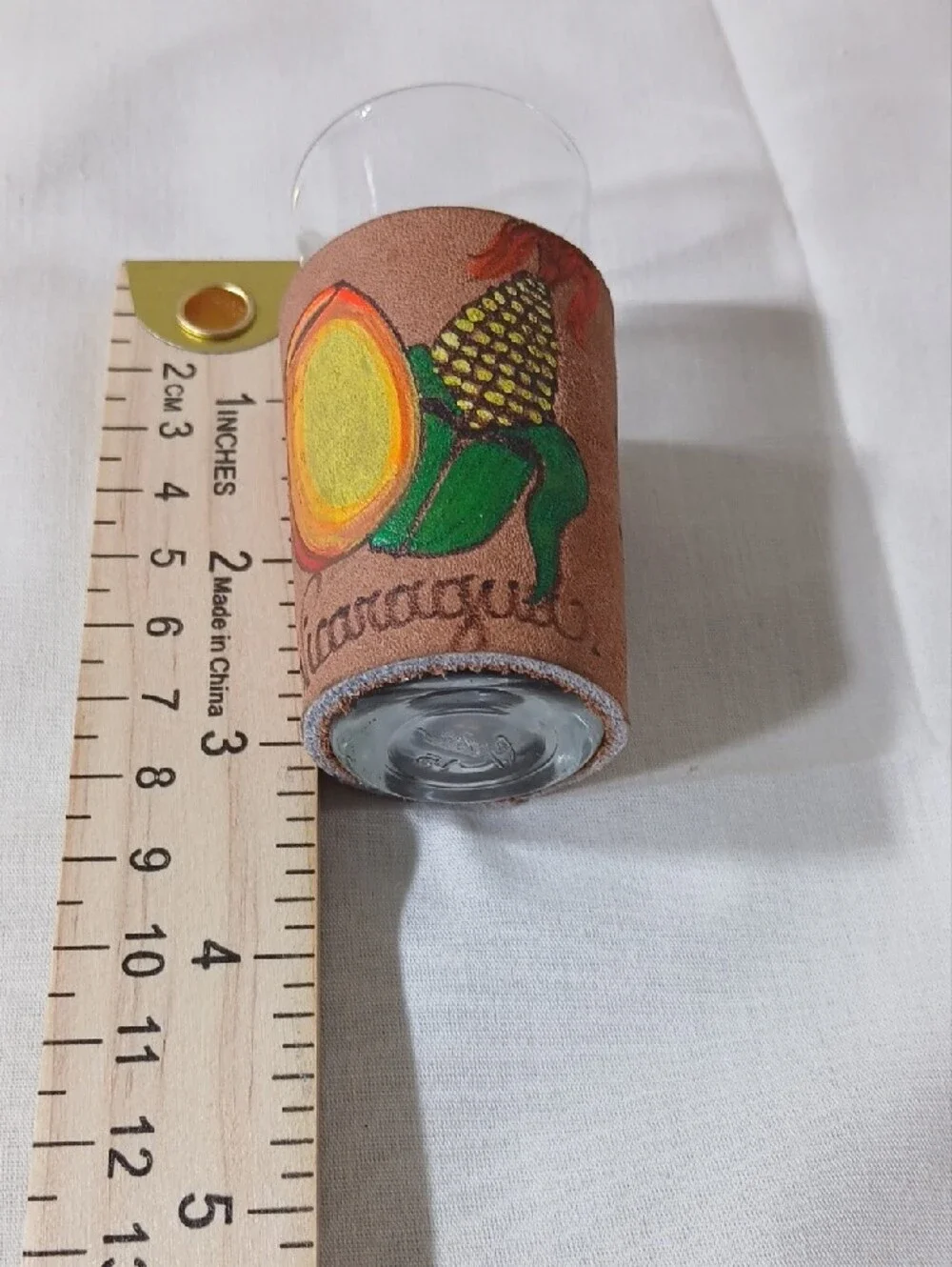 Nicaragua Leather-Wrapped Shot Glass – Brown with Yellow Accent